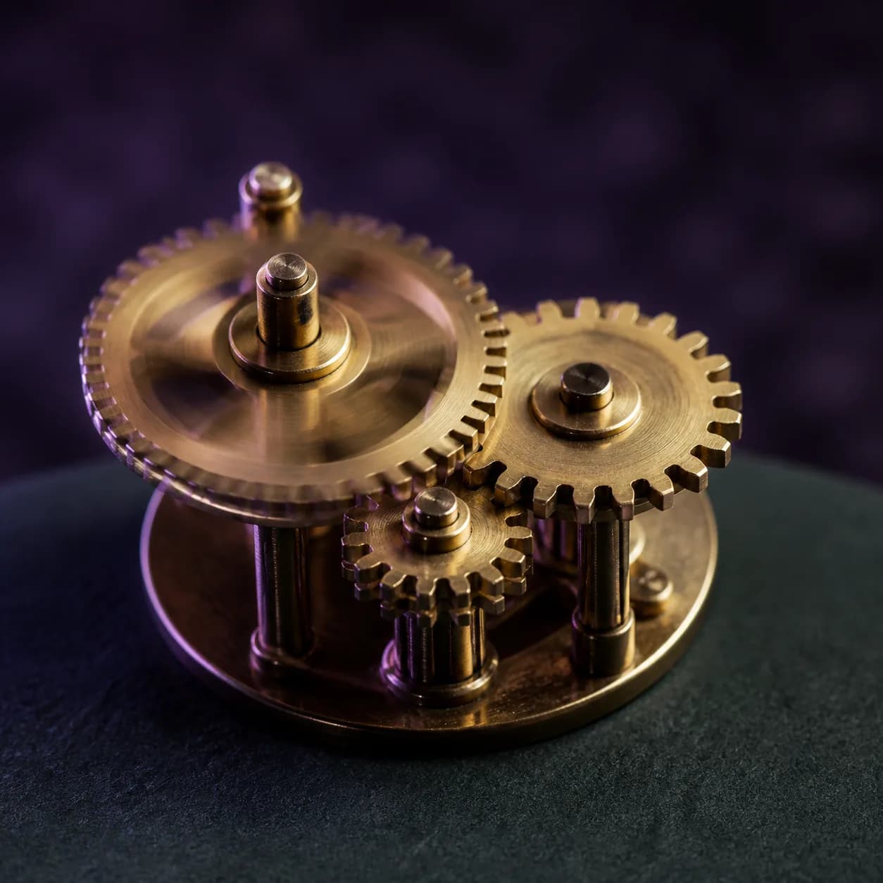 A brass gear train, one gear turning, against a dark plum background