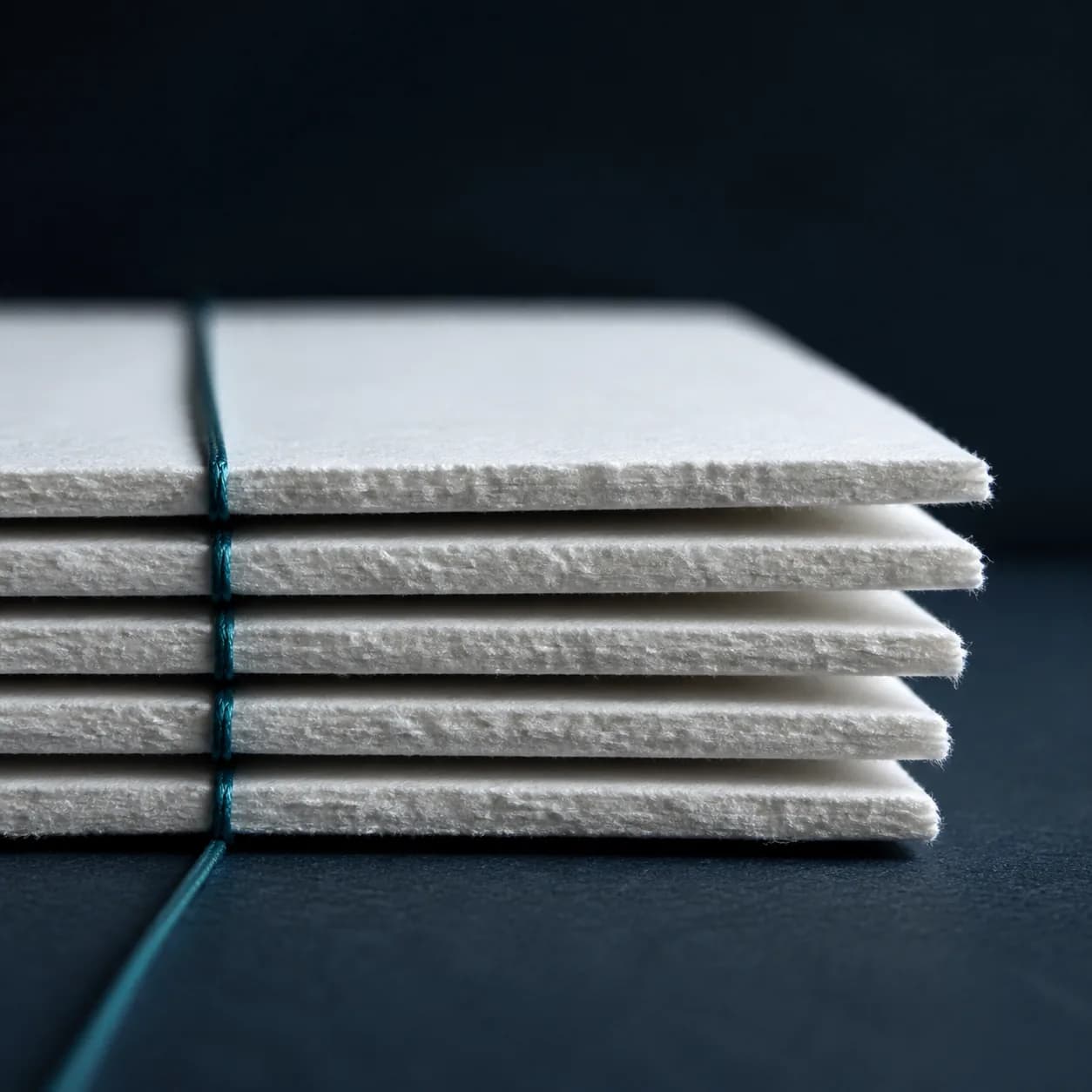Five sheets of paper stacked and bound through the edge by a single thread