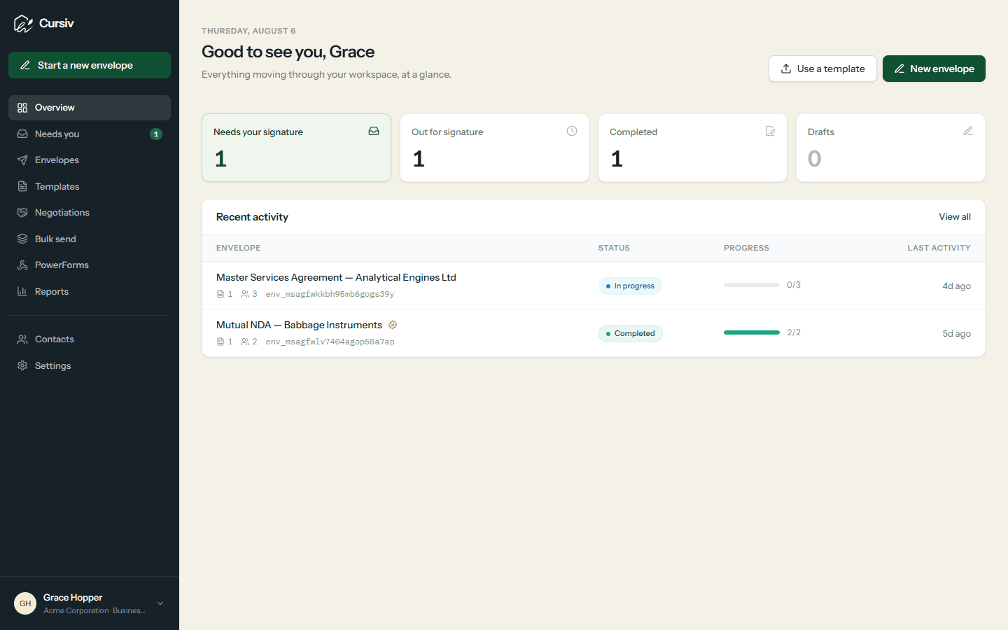 The Cursiv overview screen showing envelopes that need a signature, are out for signature, and are completed.