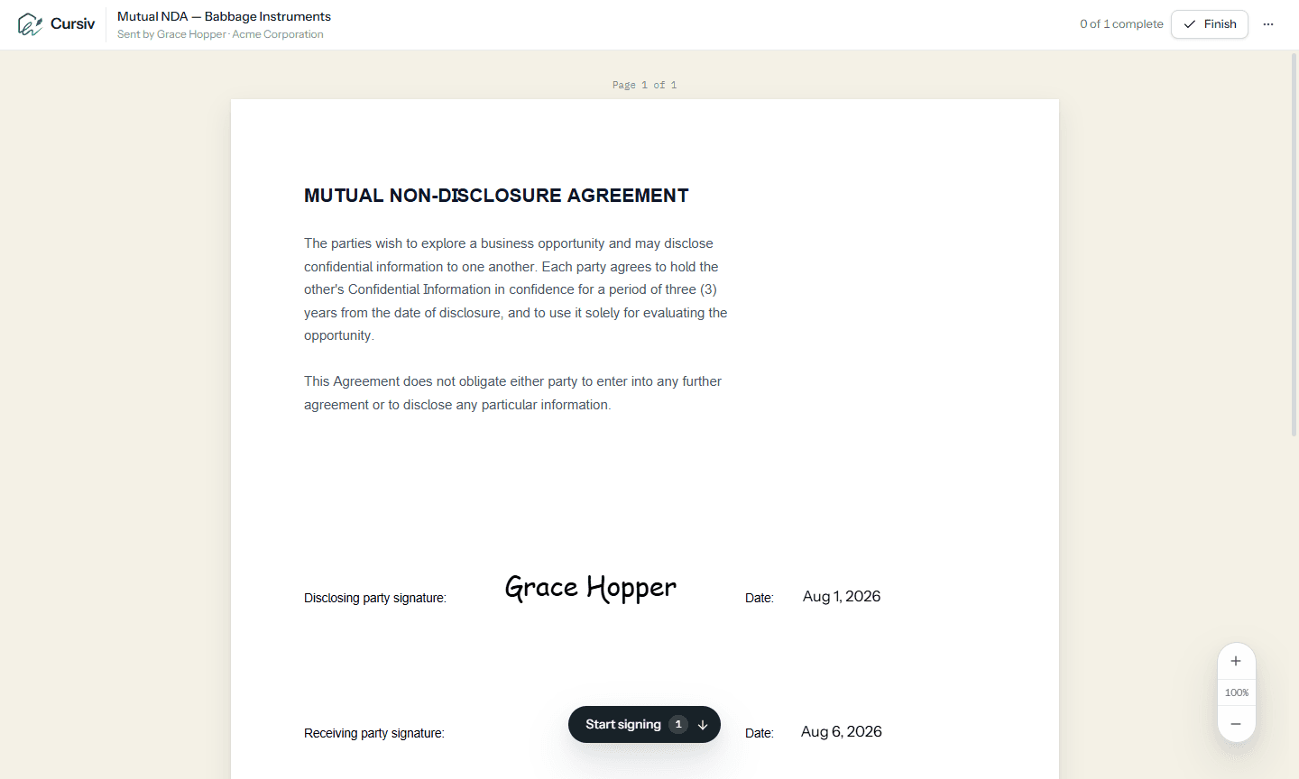 A recipient signing a mutual NDA in Cursiv, with the document on screen and a Start signing prompt.
